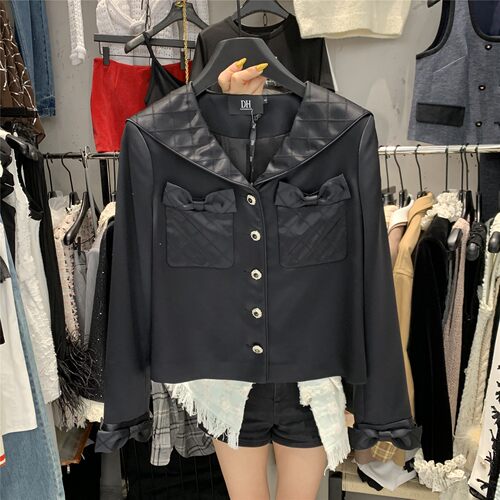 菱形格海军领百搭气质短外套