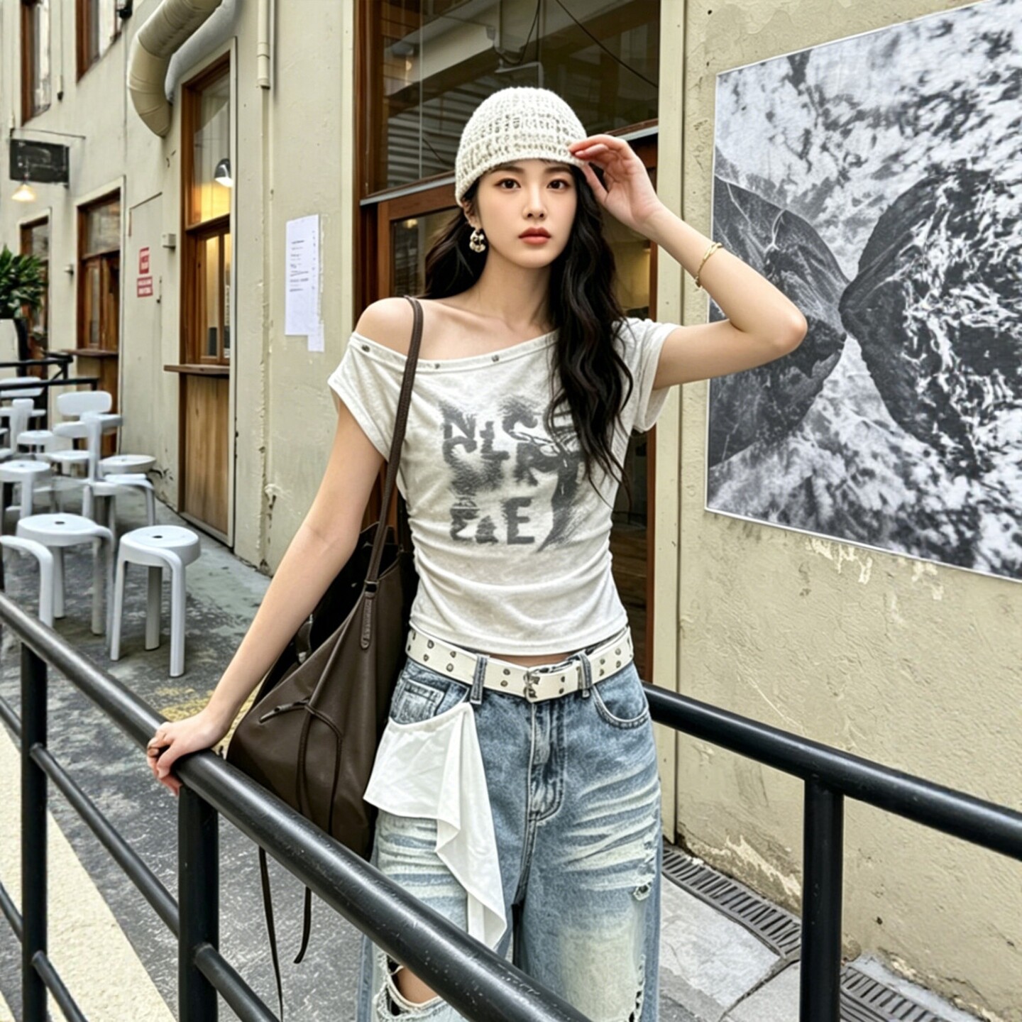 2026夏季新款设计感个性铆钉美式字母印花辣妹风斜肩短袖T恤上衣