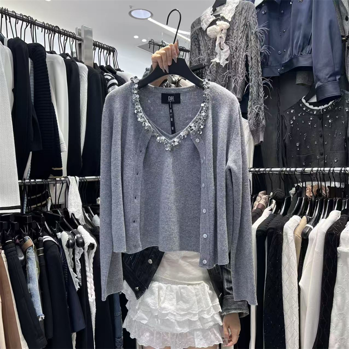 打底背心长袖开衫上衣两件套