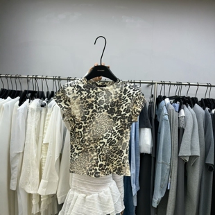 2026春夏新款韩版圆领套头弹力修身百搭复古豹纹短袖T恤上衣女