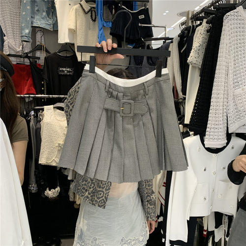 撞色高腰学院风百褶半身裙