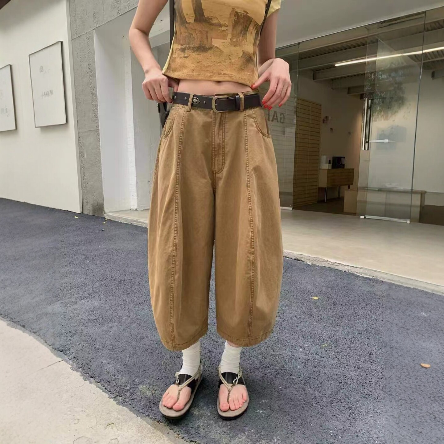 高腰显瘦百搭灯笼七分裤