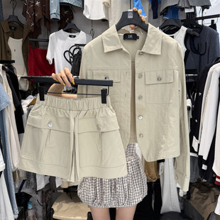 2026春季新款美式复古翻领工装休闲夹克上衣女双口袋休闲短裤套装