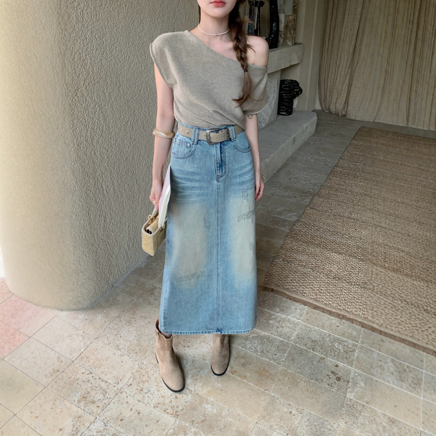 2026夏季新款中长裙女韩版设计感洗水做旧百搭复古开叉牛仔半身裙