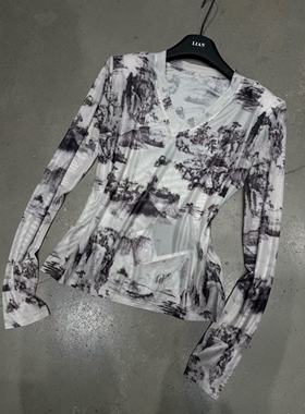 LIAN里安2026春夏新款复古风水墨印花长袖T恤女V领修身气质上衣