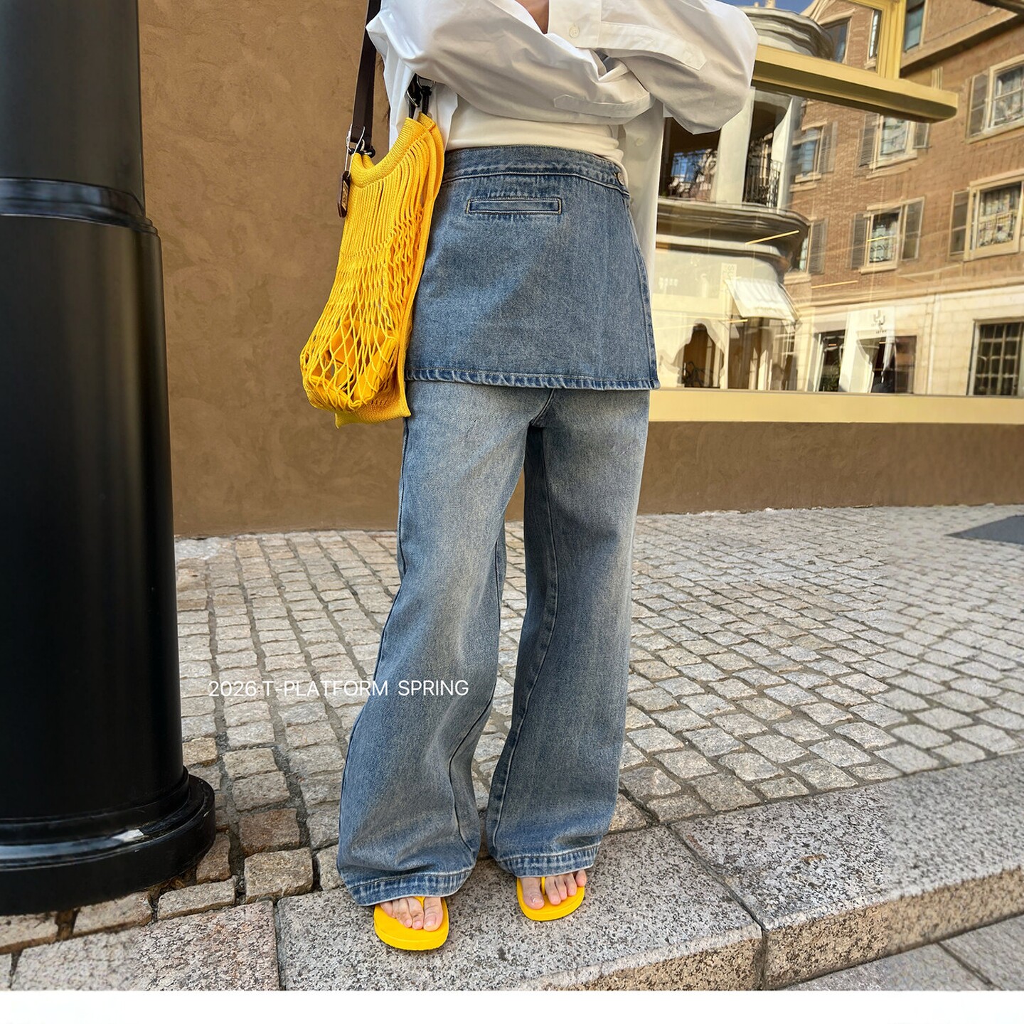 欧货2026春季新款直筒长裤女设计感屁帘拼接洗水复古百搭牛仔裤潮