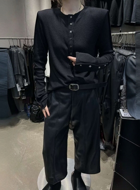 LIAN里安2025冬季新款韩版小众设计圆领半开扣修身显瘦打底T恤女