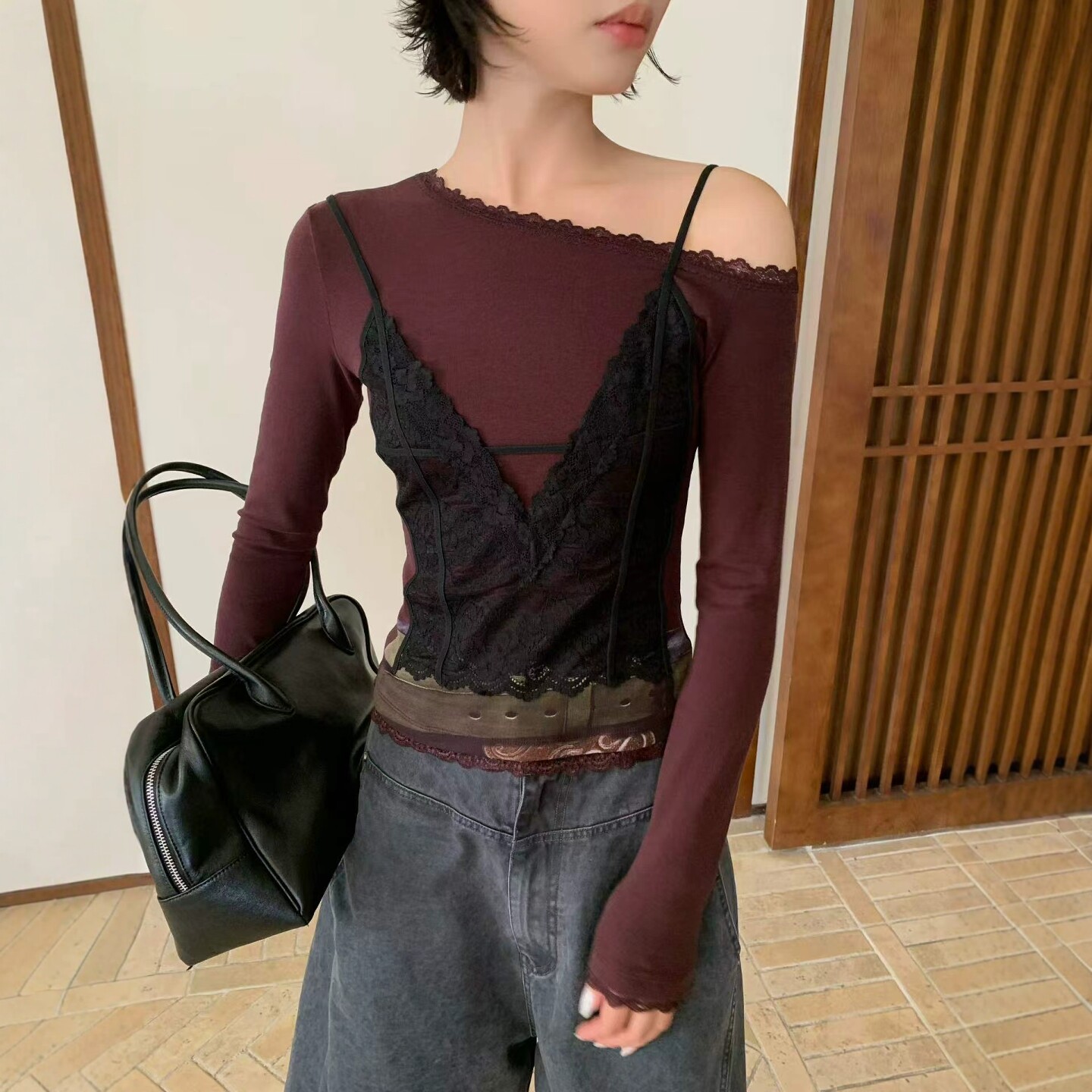 蕾丝拼接假两件长袖T恤女