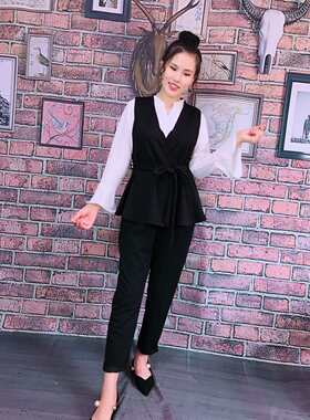胖mm洋气大码女装ol职业套装2026春季新款马甲打底衫九分裤三件套