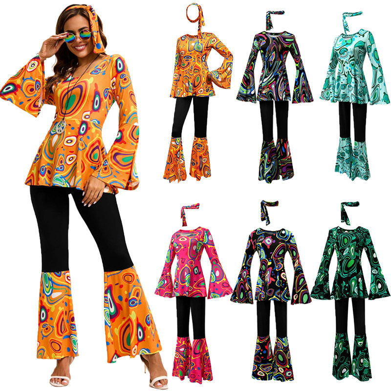 新款欧美印花上衣裤子套装含头巾舞服复古迪斯科70年代舞台表演服
