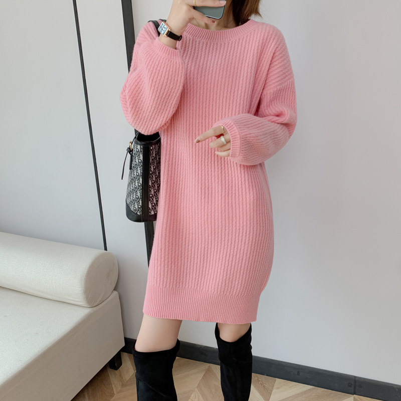 高端冬季新品宽松慵懒圆领100%纯羊绒衫女中长款加厚套头针织羊毛
