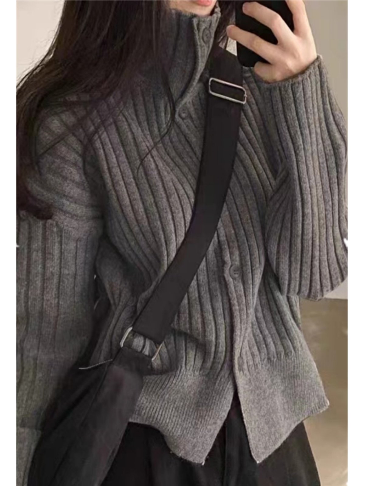 高端秋冬高领坑条羊绒针织开衫女加厚小个子纯羊毛毛衣宽松短款外