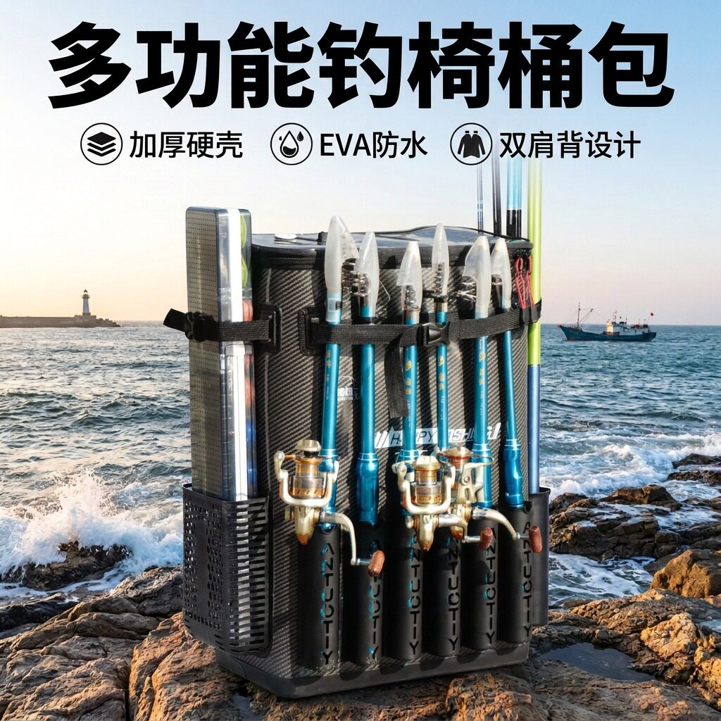 新型多功能钓鱼桶大容量活鱼桶海钓桶一体成型装鱼桶双肩背钓椅包
