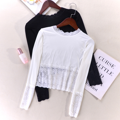 莫代尔T恤半截蕾丝拼接长袖秋季