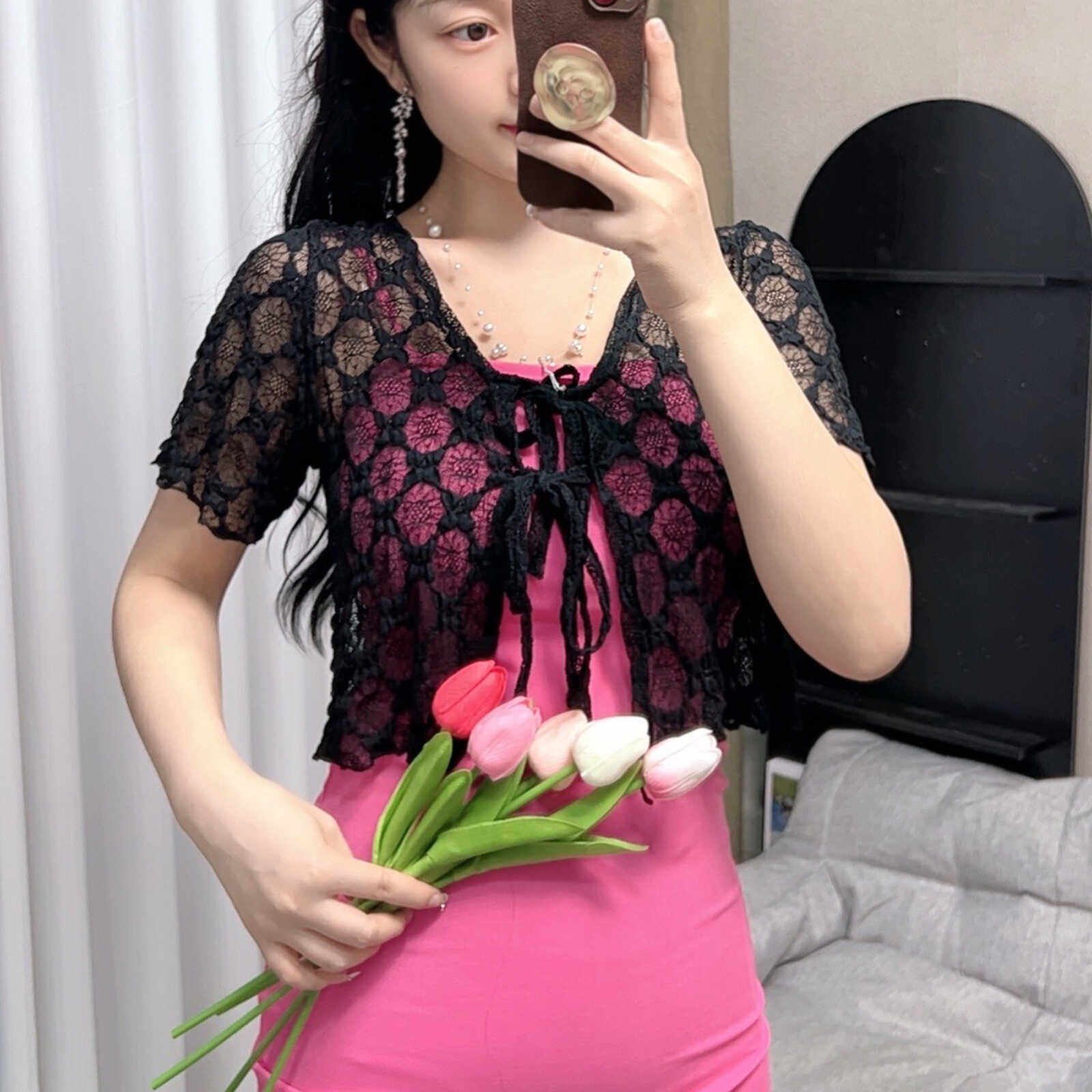 蕾丝小披肩外套女2024夏季新款钩花镂空蝴蝶结薄款防晒衣短款外搭