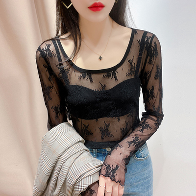 透明低领蕾丝打底衫女长袖薄款毛衣内搭小衫透视网纱上衣春秋冬季