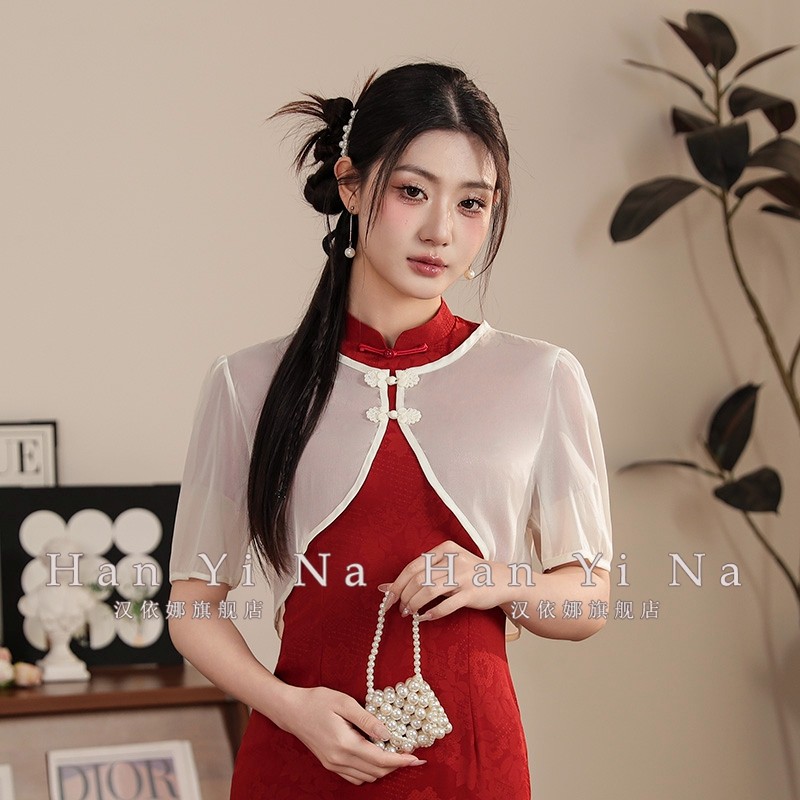 旗袍披肩外搭女开衫薄纱外套夏季短款新中式盘扣复古气质圆领罩衫