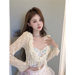 荷叶边V领长袖 坎肩外搭罩衫 防晒衣开衫 天薄款 上衣 外套女夏季 短款