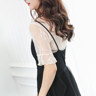 蕾丝衫 夏季 薄款 透视蕾丝打底衫 洋气镂空网纱内搭 上衣短袖 2019夏装