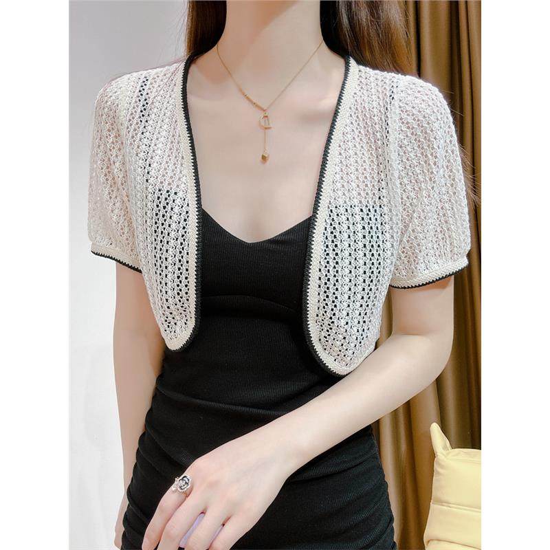 针织薄款短袖开衫女小披肩搭配吊带裙外搭罩衫冰丝防晒小坎肩上衣