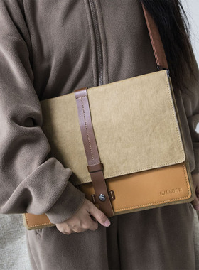 高颜值水洗牛皮纸电脑包手提通勤笔记本收纳包适用苹果13.3联想华为14寸防震内胆包女士公文包男士16寸皮质款