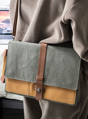 手提单肩斜挎电脑包简约女14寸公文包男防水牛皮纸通勤包16寸笔记本手提包苹果MacbookPro13.3寸创意内胆包