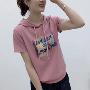 2026夏韩版宽松减龄字母印花休闲卫衣抽绳连帽套头T恤百搭帽衫女