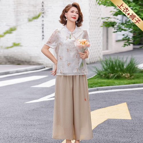夏季国风透气两件套妈妈装天丝麻