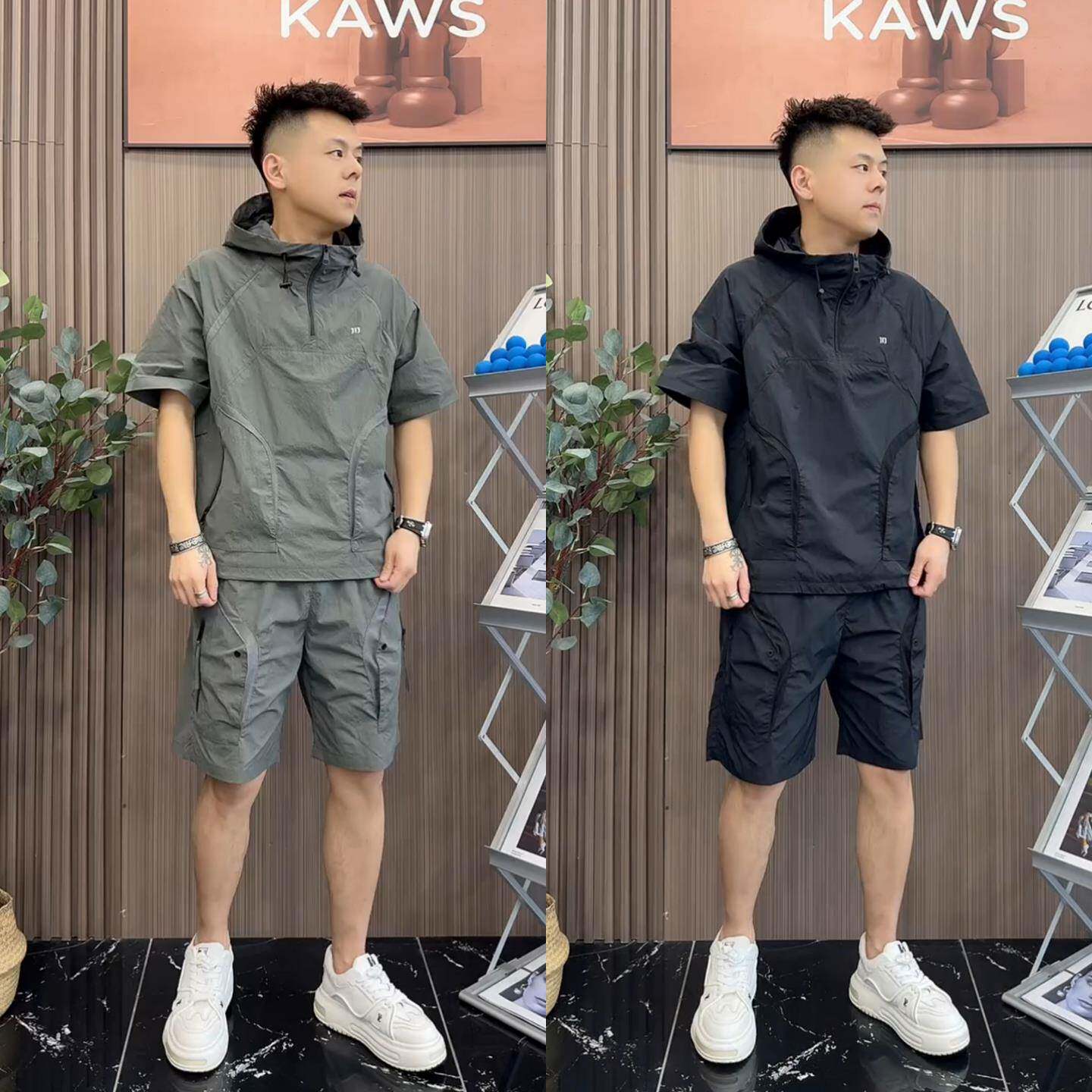 夏季休闲工作服套装男半拉炼连帽半袖韩版轻薄透气运动速干休闲短