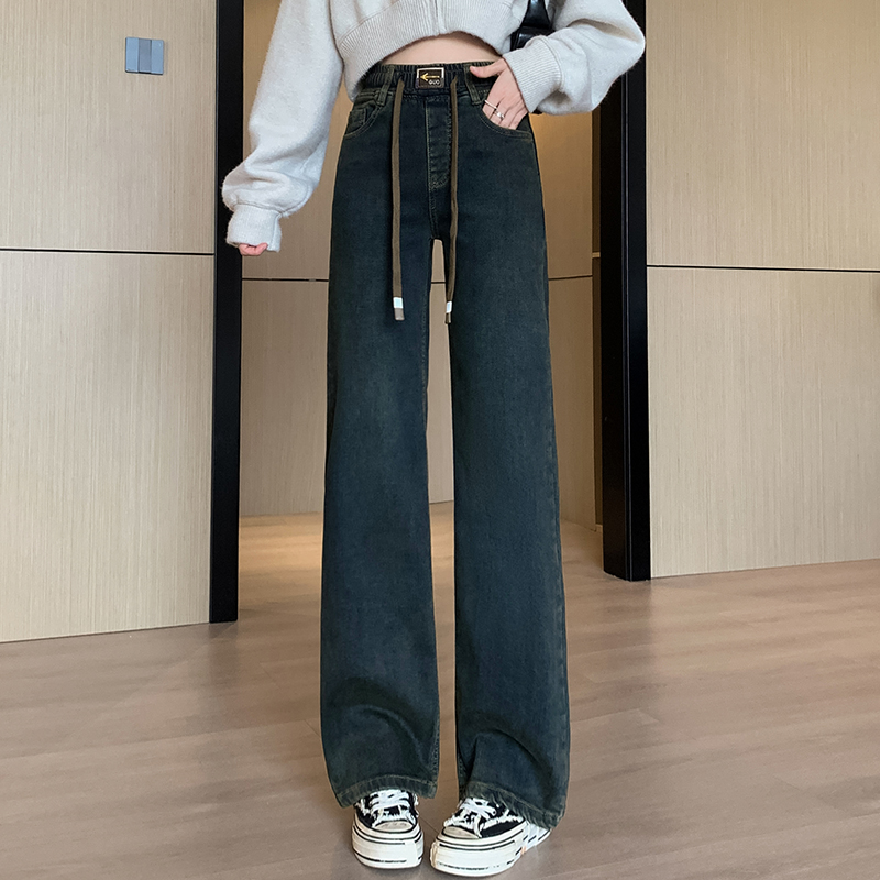松紧腰窄版阔腿直筒拖地牛仔裤女