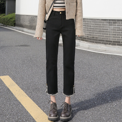 黑色八分直筒开叉毛边烟管牛仔裤