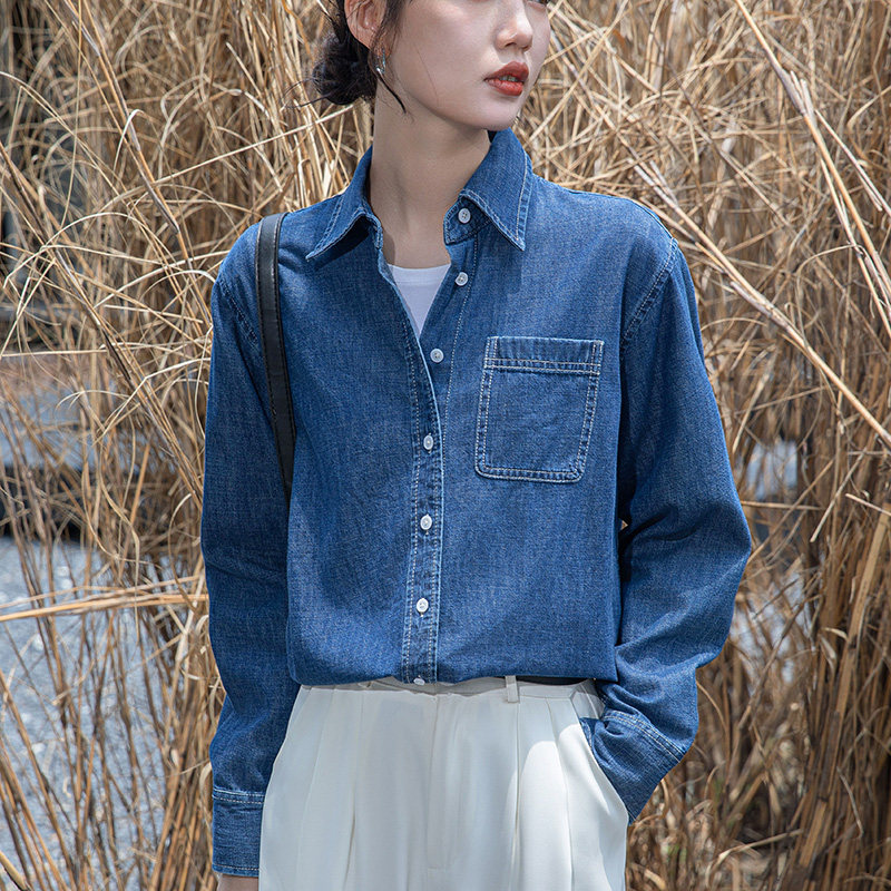 长袖牛仔衬衫女2025秋季新款通勤百搭复古风叠穿蓝色衬衣小众上衣,女装/女士精品,衬衫,淘宝优惠券,粉丝福利购,淘宝优惠卷