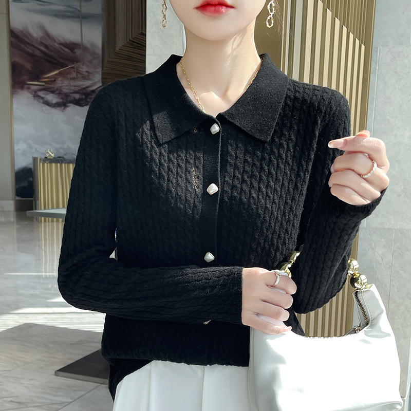 2025春季新款精纺山羊绒女士POLO领真丝开衫简约百搭羊绒针织外套