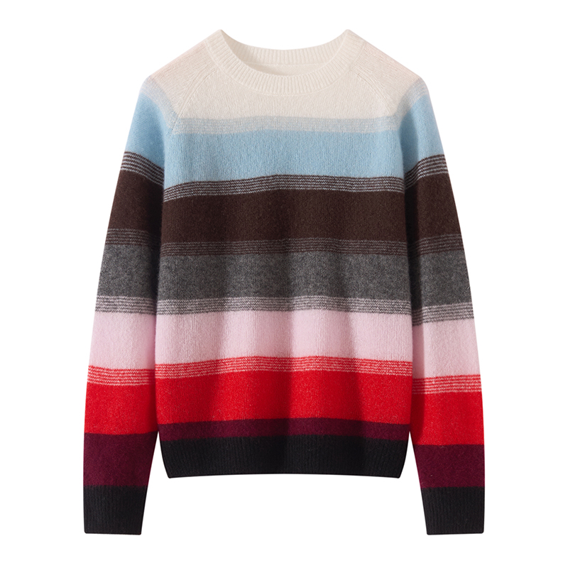 75%山羊绒25%桑蚕丝女士彩色条纹针织上衣软糯亲肤宽松显瘦羊绒衫
