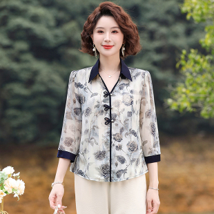 y68夏装妈妈装60短袖衬衫40岁50寸衫夏季中老年女半袖c96衬衣套装