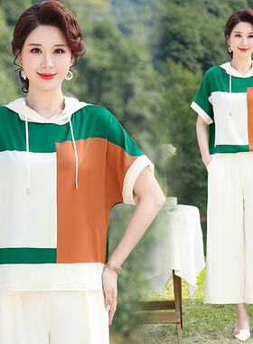 r65中年妈妈装夏装短袖t血上衣t桖减龄c06中老年女连帽衫洋气T恤