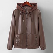 带帽子中老年女秋冬装 n69秋季 中年妈妈装 皮衣短款 a03皮外套 连帽衫