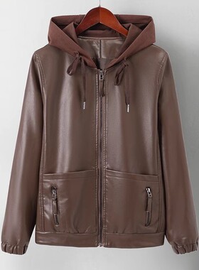 n47秋季连帽衫皮衣短款中年妈妈装带帽子中老年女秋冬装c96皮外套