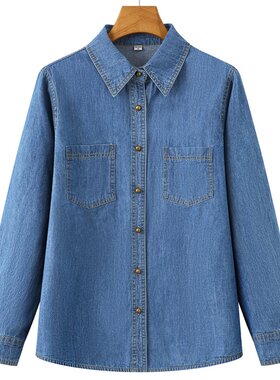 w21春秋装妈妈装牛仔服长袖衬衫纯棉中年牛子寸衫c01中老年女衬衣