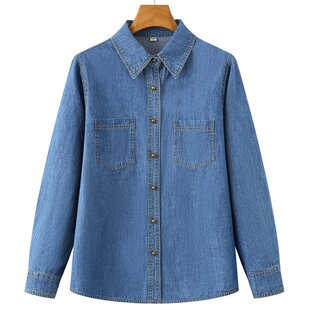 纯棉中年牛子寸衫 w66春秋装 衬衫 牛仔服长袖 c01中老年女衬衣 妈妈装