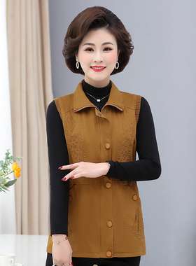 k25春秋妈妈马夹秋外穿翻领马甲女收腰中老年薄款坎肩c91短款外套