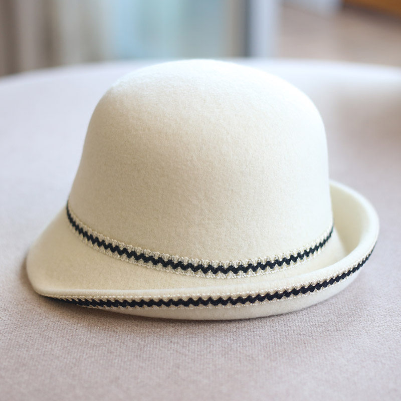 日本小香风复古撞色织带翘边礼帽秋冬优雅保暖羊毛混纺渔夫盆帽女