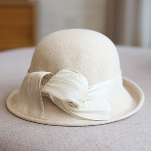 赫本风真丝麻花朵翘边渔夫帽子女秋冬澳洲羊毛毡帽名媛复古礼帽潮