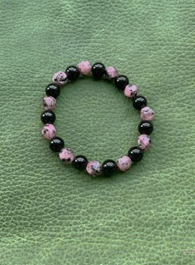 原创天然黑玛瑙蔷薇石手串女甜酷