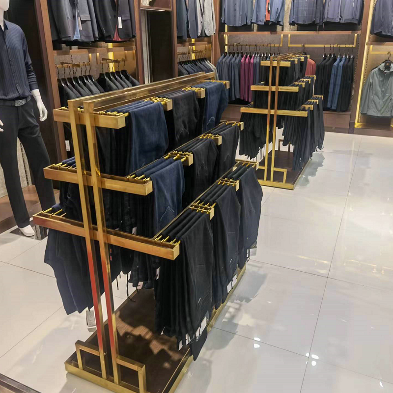 男装店不锈钢拉丝裤台展示架服装店黄钛金裤架中岛架双面挂裤子架