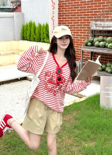彩色条纹防晒长袖t恤女中长款字母印花设计感轻薄罩衫宽松上衣夏