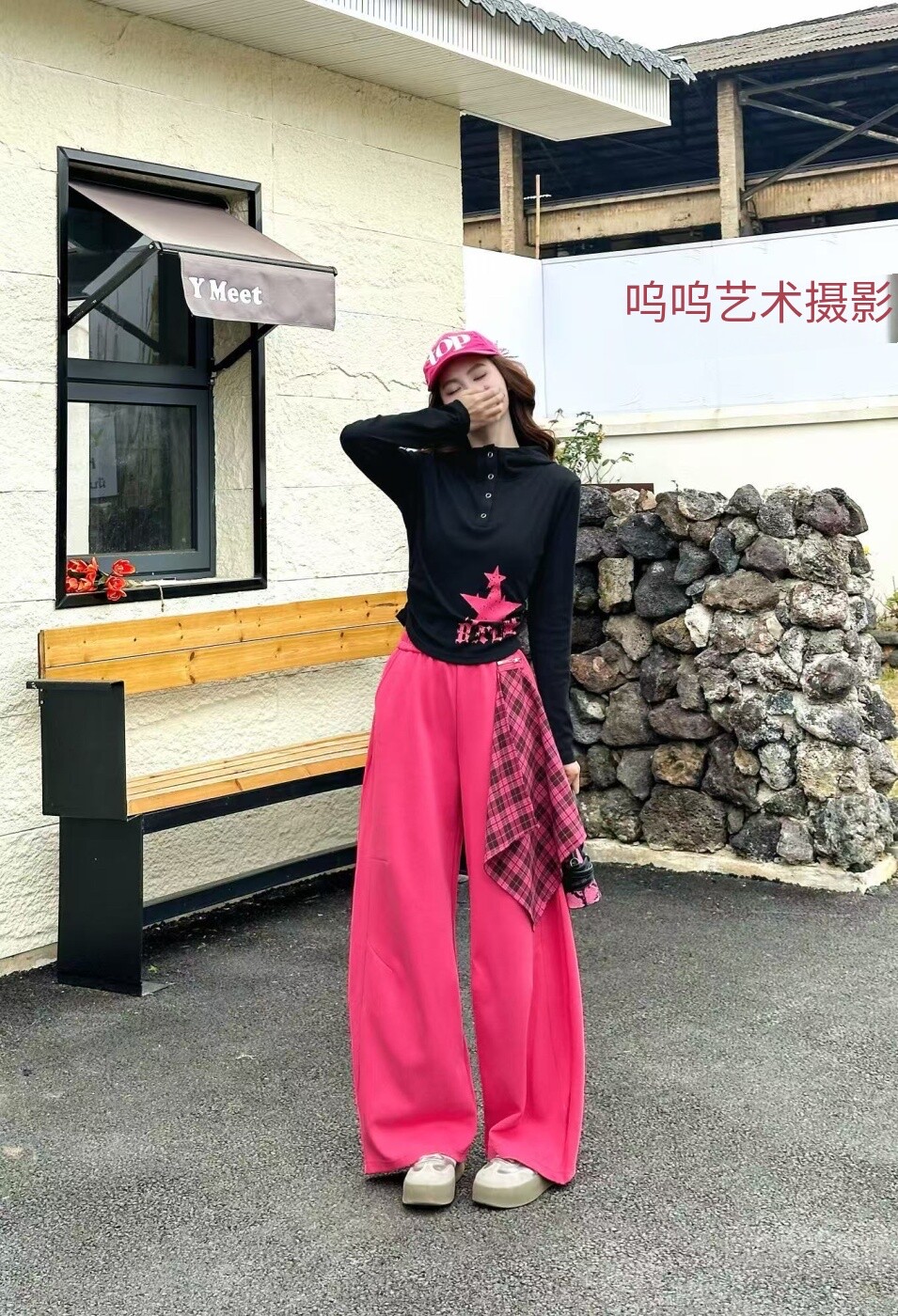 长袖印花薄款卫衣带格子屁帘休闲卫裤两件套女2026春夏辣妹风套装