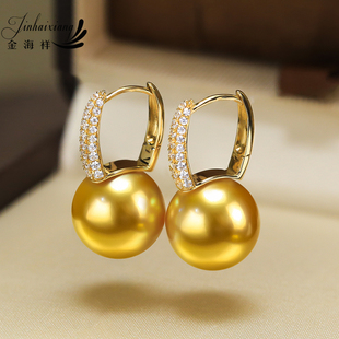 天然吉尔德赤金海水珍珠耳钉12mm正圆18K金极强光耳环耳勾水桶款