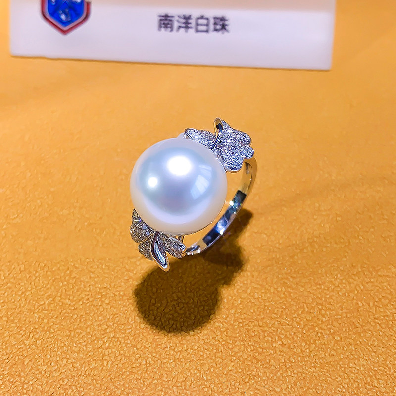 GUIID五星维纳斯冷光澳白珍珠戒子13mm18K金钻正圆镜面极强光豪华