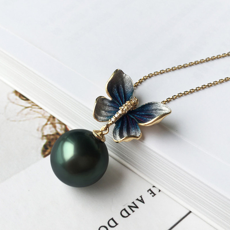 苏爷黑绿法国大溪地黑珍珠海水珍珠吊坠18K金钻石蝴蝶专柜奢华